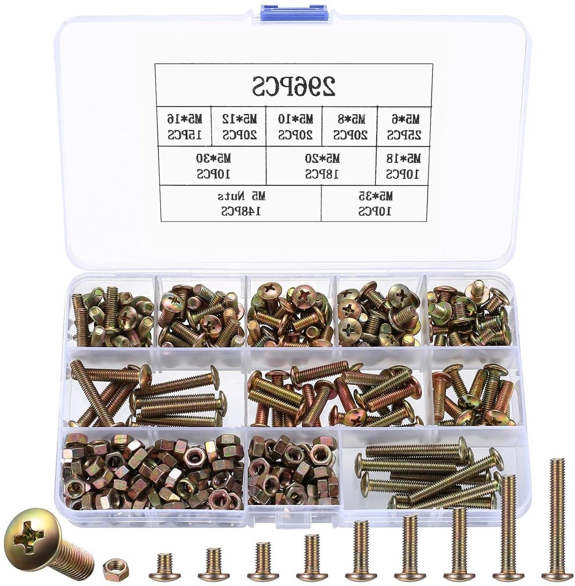 Allecto Premium - Schroevenset met 296 M5 schroeven | Lenskopschroeven en moeren | Kruiskopschroeven assortiment | Machineschroeven | Platte kop schroefschroeven | Voor motorfiets en fiets