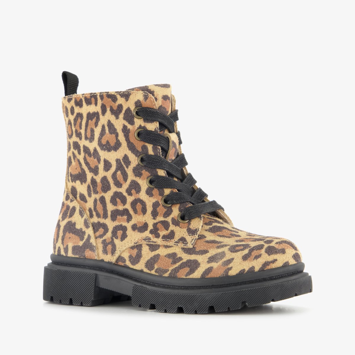 Stap suède meisjes veterboots met panterprint bruin - Maat 27 - Echt leer