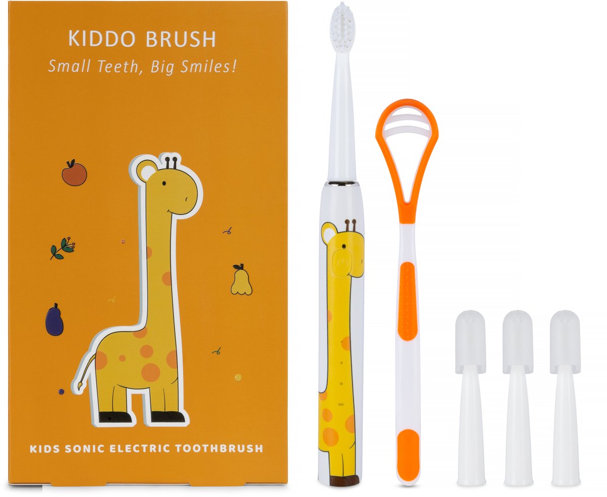 Kiddo Brush — Elektrische Tandenborstel voor Kinderen (4-15 jaar) | Giraffe | Inclusief 4 Opzetborstels & Tongscraper | 100 Dagen Accu | IPX7 Waterdicht | Type-C Opladen
