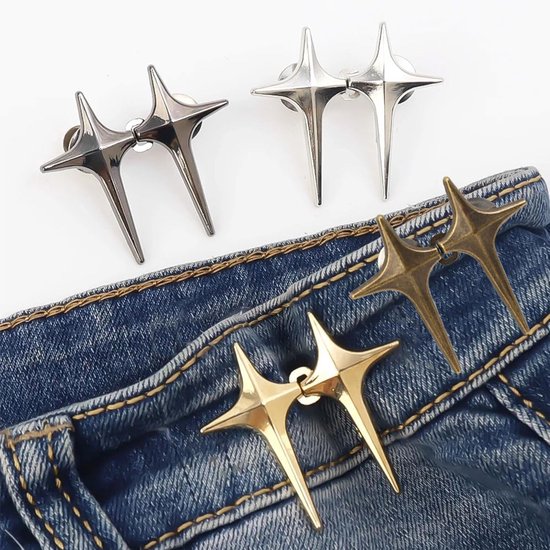 Bekecidi 4 paar Star Jeans Knopen Pins, Afneembare Broek Taille Spanner Verstelbare Taille Gesp Strak Taille Knopen Geen Naai Broek Taille Richter Clips voor Losse Jeans Broek (Zilver, Zwart