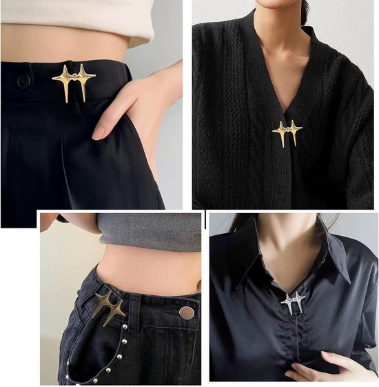 Gouden sterrenbroekknopen gedragen op een zwarte broek, zwarte cardigan en zwarte blouse.
