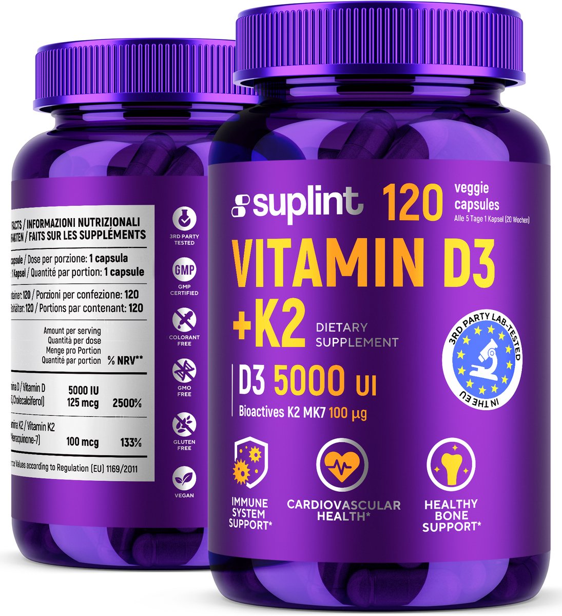 Goedkoopste Vitamine D3 K2 - Vitamine D - Vitamine D volwassenen - K2 vitamine - D3 en K2 capsules - 120 capsules - Botten - Immuunsysteem - Spieren - Tanden - Weerstand - Hoge dosering - 1 x per 5 dagen innemen - D3 K2