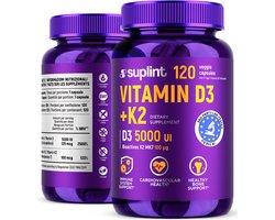 Vitamine D3 + K2 – 5000 IU D3 | 100 IU K2 – Hoge dosering – Botten - Spieren - Immuunsysteem – 1 x per 4 dagen - 120 Capsules - Suplint