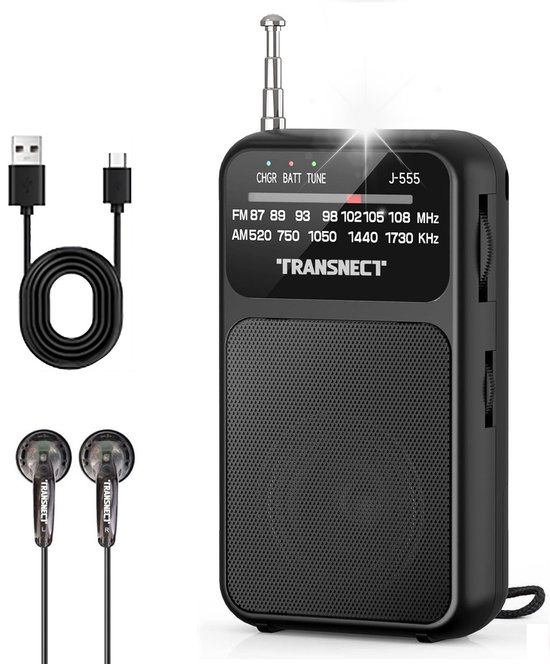 Transnect® - Draagbare Noodradio - Zwart - AM/FM - Oplaadbaar & Op Batterijen - Koptelefoonaansluiting - Draagbare Radio - Wereldradio - Noodpakket Must Have - Zakradio - Voor Rampen - Kleine - Transistor Radio - Telescopische Antenne