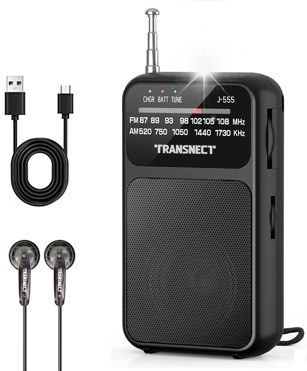 Transnect® - Draagbare Noodradio - Zwart - AM/FM - Oplaadbaar & Op Batterijen - Koptelefoonaansluiting - Draagbare Radio - Wereldradio - Noodpakket Must Have - Zakradio - Voor Rampen - Kleine - Transistor Radio - Telescopische Antenne
