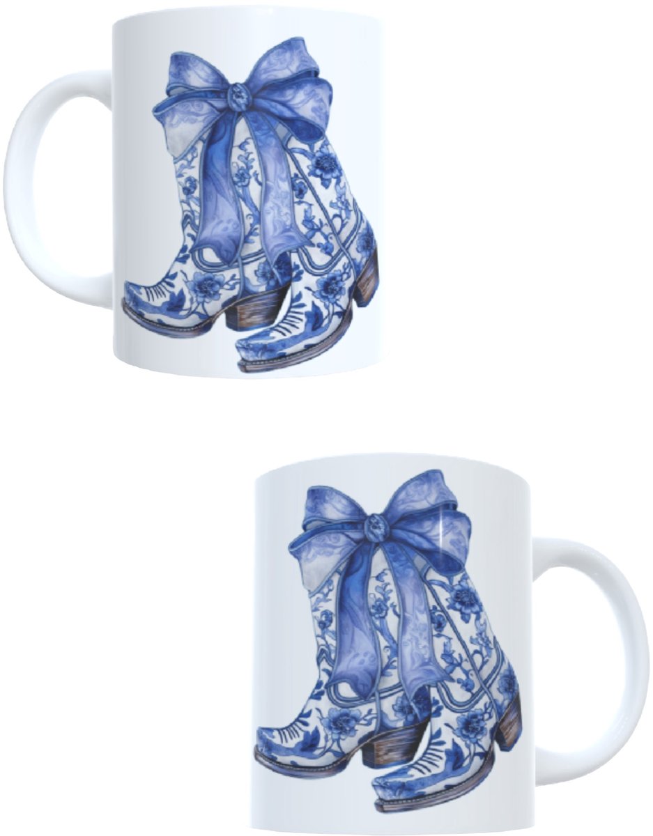Bedrukte koffie beker - thee mok . opdruk blauw - afbeelding cowboy laarzen