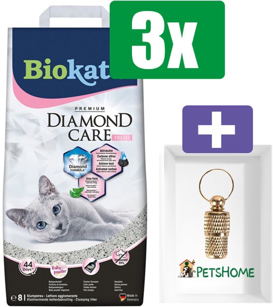 Biokat's Diamond Care fresh 8ltr - Kattenbakvulling - 3 Zakken - Inclusief PetsHome Goudkleurige Adreskoker