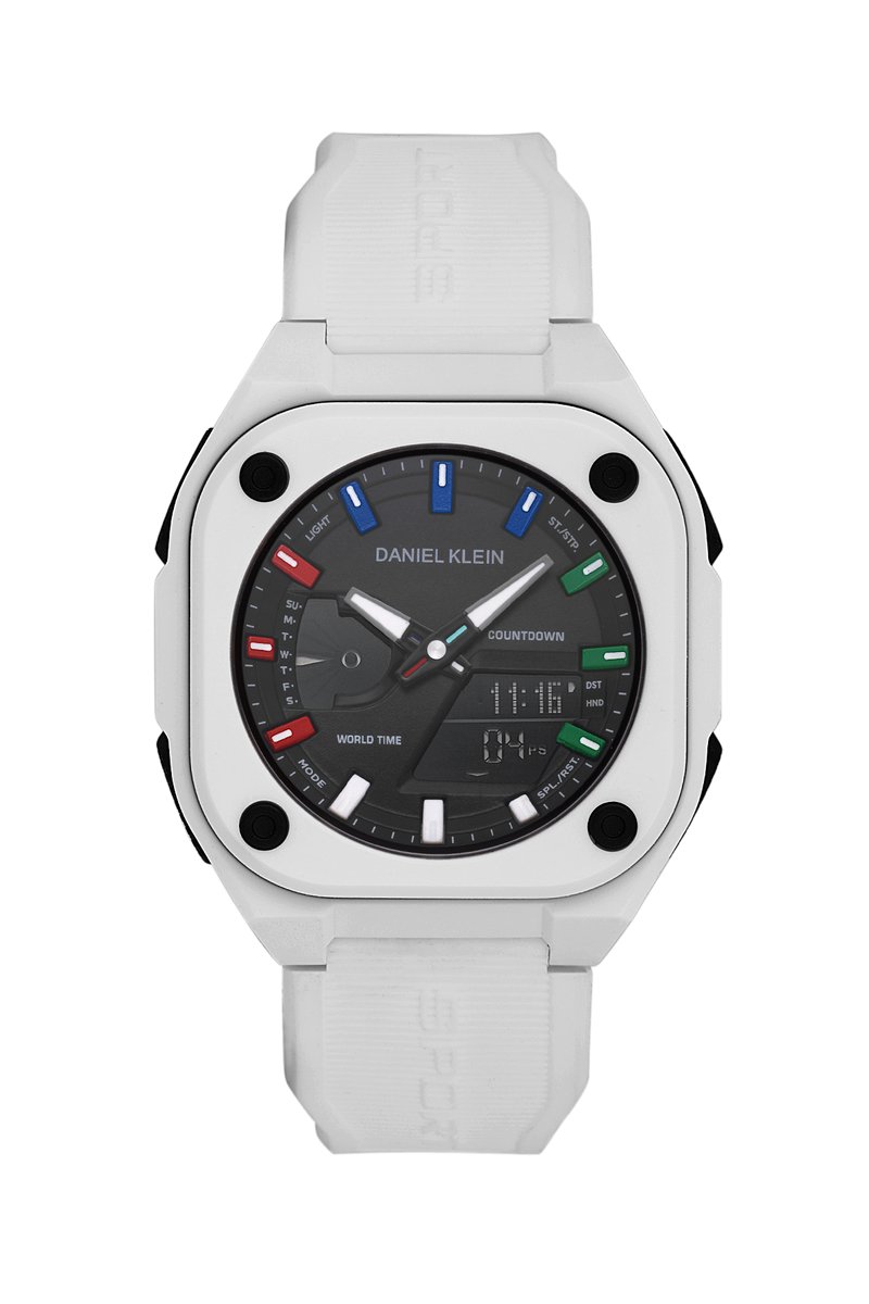 Daniel Klein DK.2328-3 - Horloge -Polshorloge - Analoog - Digitaal- Heren -Mannen - Achthoek- Rubberen band - ABS- Strepen - Reset-12-24u - Start-Stop- Alarm -Stopwatch - Timer-Datumaanduiding - Achtergrondverlichting - Wit- Zwart- Rood- Groen -Blauw