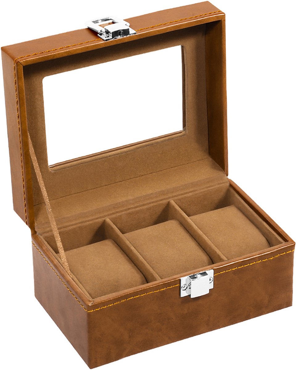 Uten Luxe HorlogeBox - Horlogedoos Heren Dames - Sieradendoos - 3 vakken - Bruin