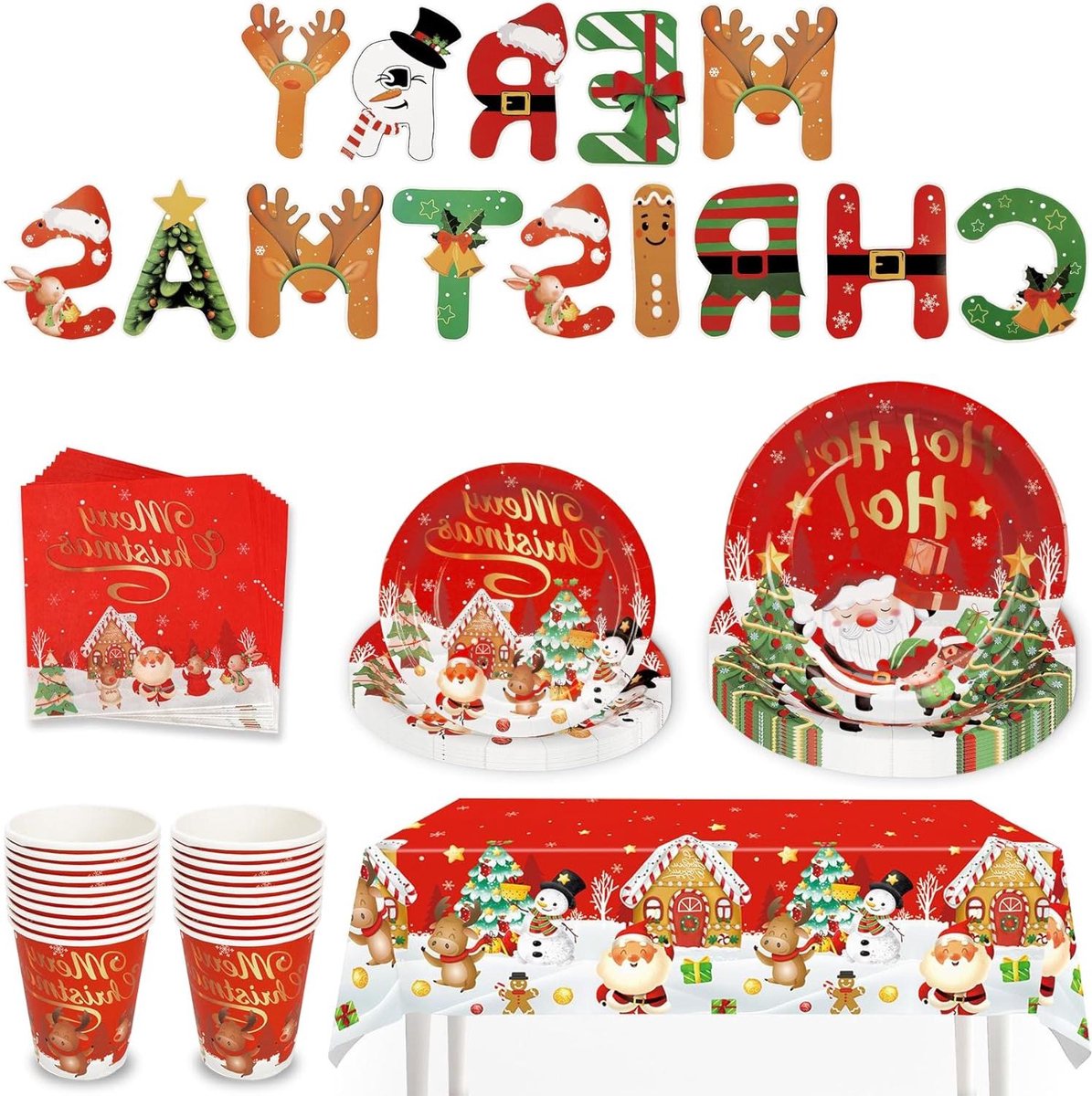 Allecto Premium - Kerstfeestservies 82-delig - Feestaccessoires - Papieren borden - Set voor 20 gasten - Herbruikbare serviesset - Tafelkleed - Bekers - Servetten - Cartoonvlag - Feestbenodigdheden
