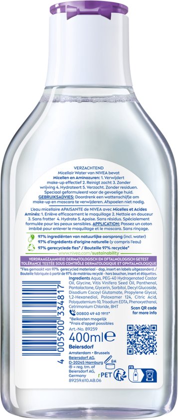 NIVEA Essentials Soothing Micellair Water - Gevoelige huid - Aminozuren - Dexpanthenol - Make-up remover - Face Cleanser - 400 ml
