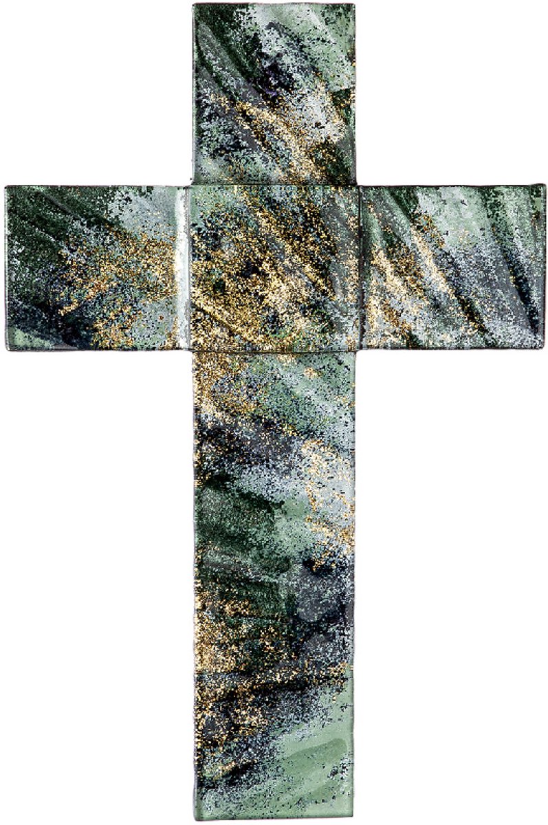Geloofskruis ‘Rust’ – Groen Multigekleurd Glas – Glasfusion – Handgemaakt – 0,7x16x25,5 cm – Ophangbaar