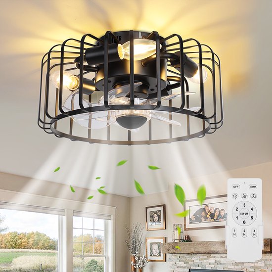 Rosnek Plafondlamp met Ventilator - 28 W Moderne Zwarte Plafondventilator met 6 Snelheden & Afstandsbediening - Landelijke Plafondventilator met LED Verlichting - Inbouwverlichting voor Slaapkamer, Woonkamer en Terras