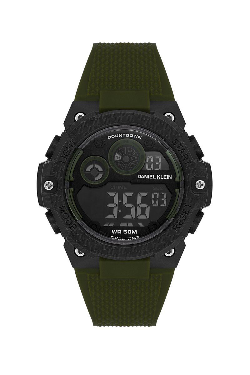 Daniel Klein DK.2337-2 - Horloge- Polshorloge - Digitaal - Heren- Mannen - Rond- Rubberen band - ABS- Achtergrondverlichting- Uursignaal -Dual Time - Alarm - Datumaanduiding - Kalender - Start-Stop - 12h-24U - Stopwatch- Reset- Licht kaki- Zwart-Wit
