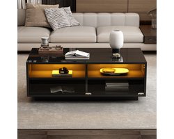 Pugsdrly 94 x 50 x 34 cm Glanzend zwarte LED-salontafel, salontafel van gehard glas met 2 lades, opbergtafel met glazen deur voor de woonkamer, totaal draagvermogen 30 kg