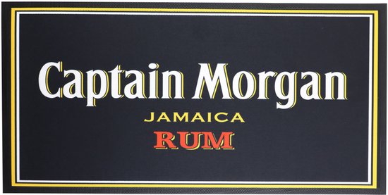 Zwarte barmat met Captain Morgan Jamaica Rum logo, omrand met gele en witte lijnen. De tekst "Captain Morgan" is goudkleurig, "JAMAICA" is geel en "RUM" is rood.