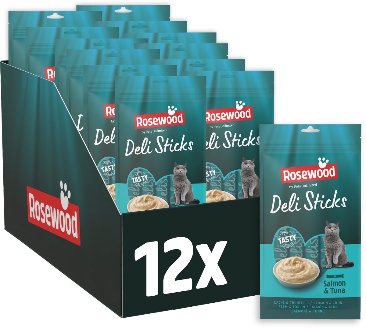 Pets Unlimited Delisticks - Zalm Tonijn - Mousse voor Katten - 12 zakjes Ă  5 sticks x 15g