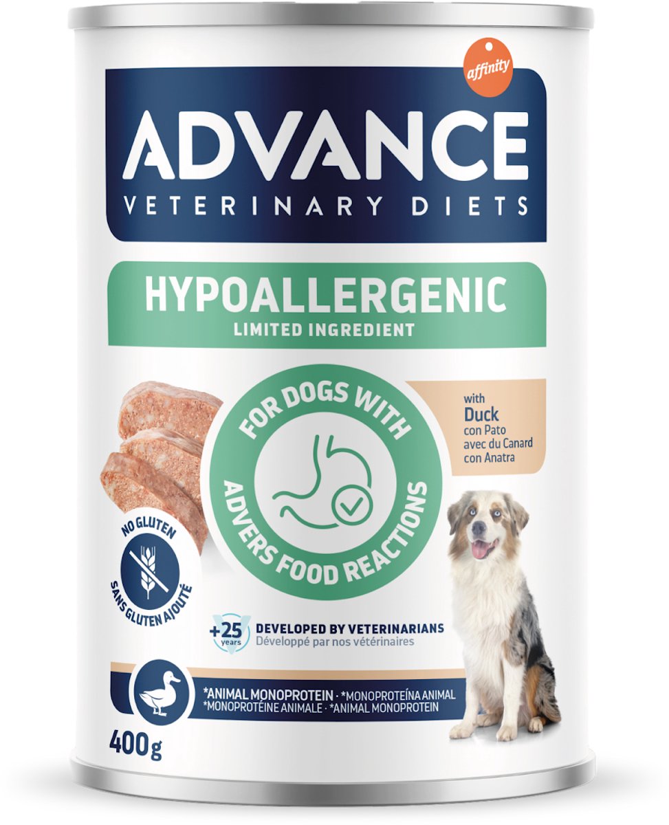 6×400 gr Advance veterinary diet dog hypoallergenic duck hondenvoer 6×400 gr Advance veterinary diet dog hypoallergenic duck hondenvoer