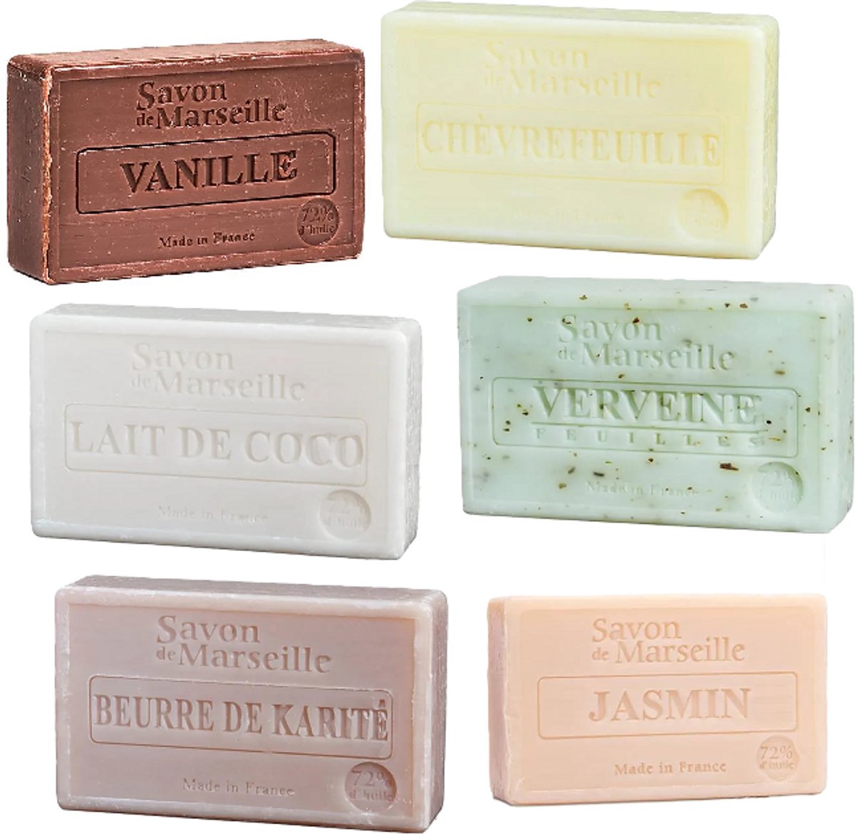 Marseille Zeep set van 6 - Le Chatelard 1802 - Marseille Jasmijn - Marseille Karité - Marseille Kokos - Marseille Verbena - Marseille Vanille - Marseille Kamperfoelie