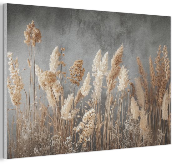 Akoestisch wandpaneel 90x60 cm - Vilt schilderij Gedroogde Veldbloemen - Grijs - Beton - Akoestische panelen - Geluidsdempende wanddecoratie - Geluidsisolatie woonkamer - Muurdecoratie geluidspanelen