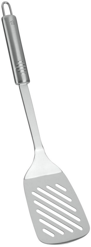 Spatule Metaltex en acier inoxydable avec lame courbée perforée et manche argenté.