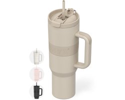 ONYX Drinkfles met Rietje 1 Liter - Waterfles voor Kinderen & Volwassenen - Thermosbeker RVS Travel Mug - Motiverende Drinkbus - Drinkbeker voor School - Sand Beige