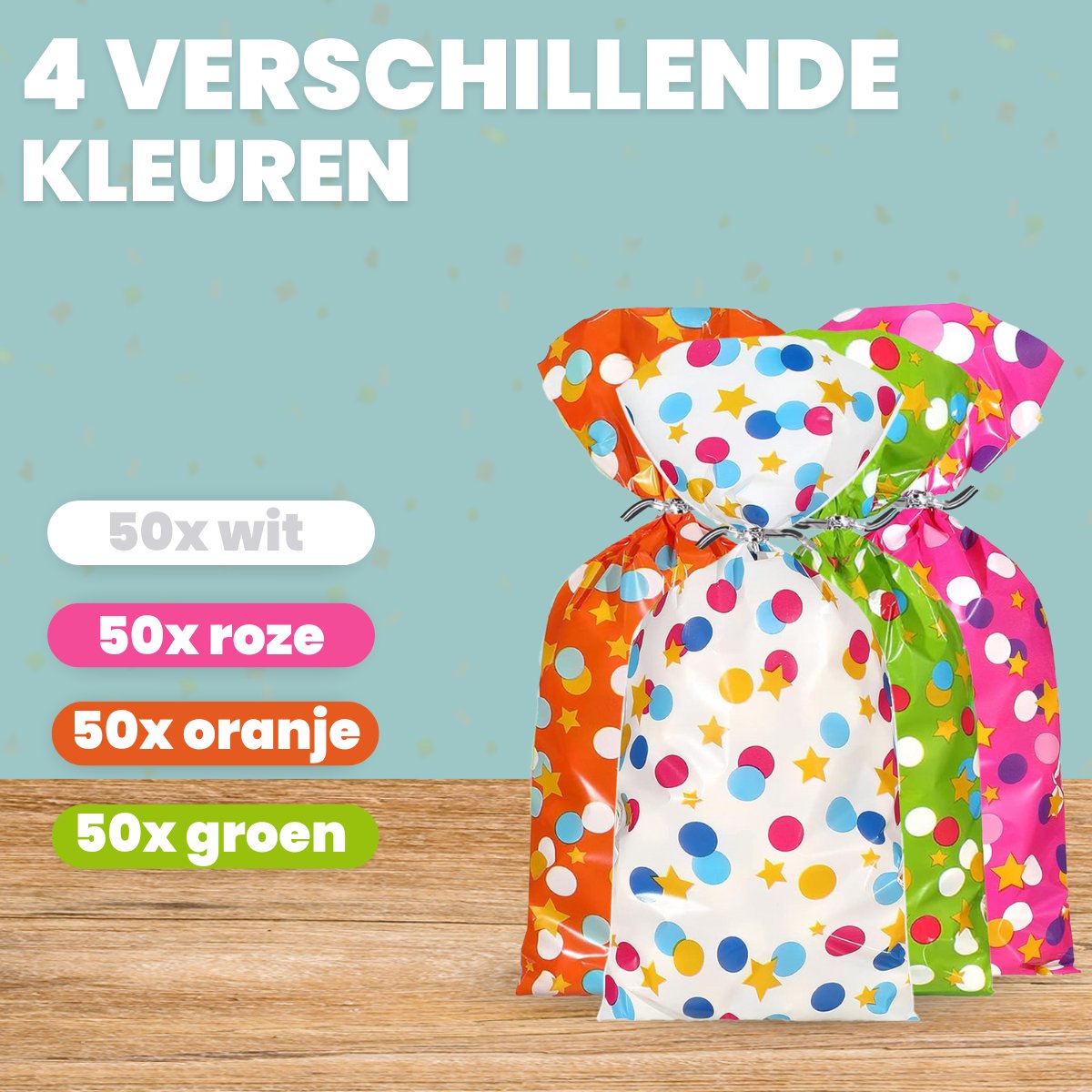 Feestio Uitdeelzakjes Gekleurd - 200 Stuks - Snoepzakjes - Traktatie Zakjes Kinderfeestje - Cellofaanzakjes Transparant - Cadeauzakjes - Snoepzak — afbeelding 6