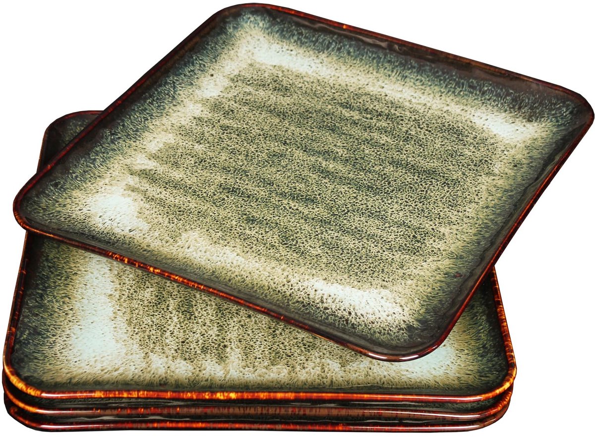 YA JU keramische bordenset van 4, hoofdgerecht voor biefstuk, brood, risotto, pasta, voorgerecht, magnetron-, oven- en vaatwasserbestendig, krasbestendig (zwart vierkant dinerbord)