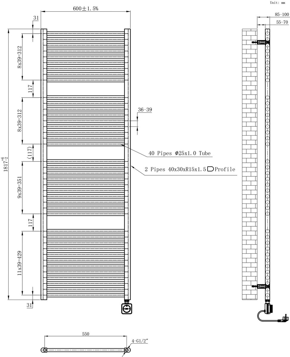 AquaVik Elektrische Radiator Värme Smart WiFi 181,7x60cm Snö Wit