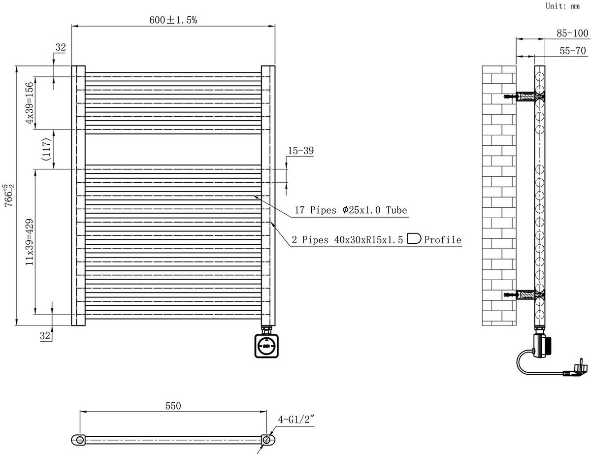 AquaVik Elektrische Radiator Värme Smart WiFi 76,6x60cm Aska Gunmetal