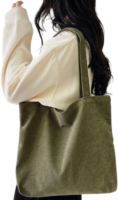 Sac fourre-tout décontracté en velours côtelé S&E – Pour le quotidien et les courses – Vert
