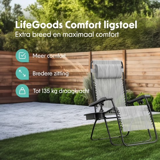 LifeGoods Opvouwbare Tuinstoel - Ligstoel Tuin - 30°-90° Verstelbaar - Metaal - Lichtgrijs van Merkloos — afbeelding 2