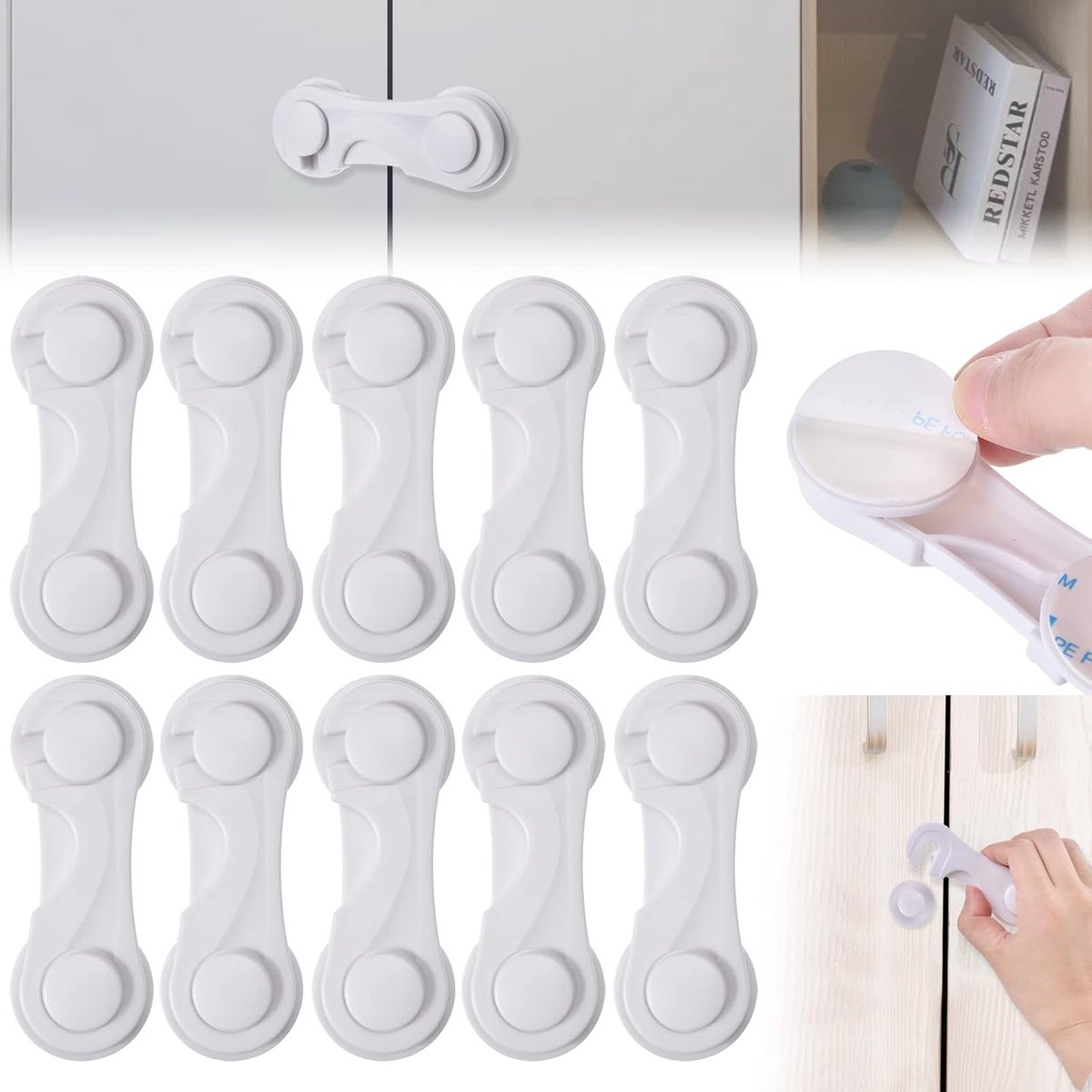 Image of 10 Stuks Kinderdeursloten - Veiligheidssloten voor kasten - Kinderslot Lade - Sloten voor kinderkledingkasten - Kinderslot - Zelfklevende ladesloten - Kunststof keukenkastsloten voor kinderen - Veiligheidssloten voor meubels - Koelkast Slot - wit