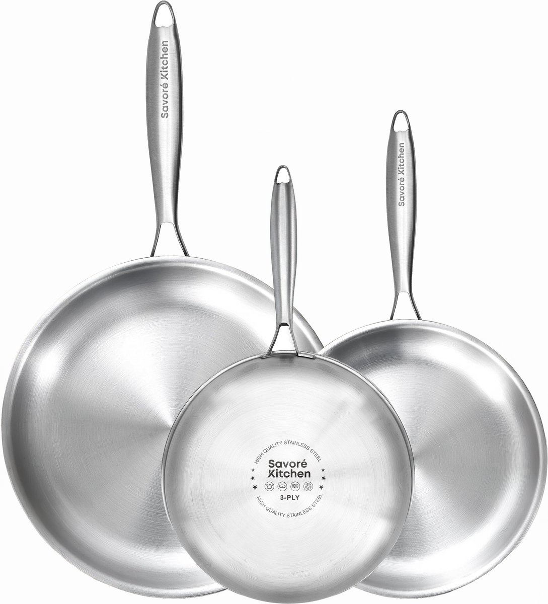 Savoré Kitchen 3-delige RVS Koekenpan Pannenset - Ø 20, 24, 28 cm Pannen - Inductie - Pan - Koekenpannen - Pannensets - Koekenpannenset