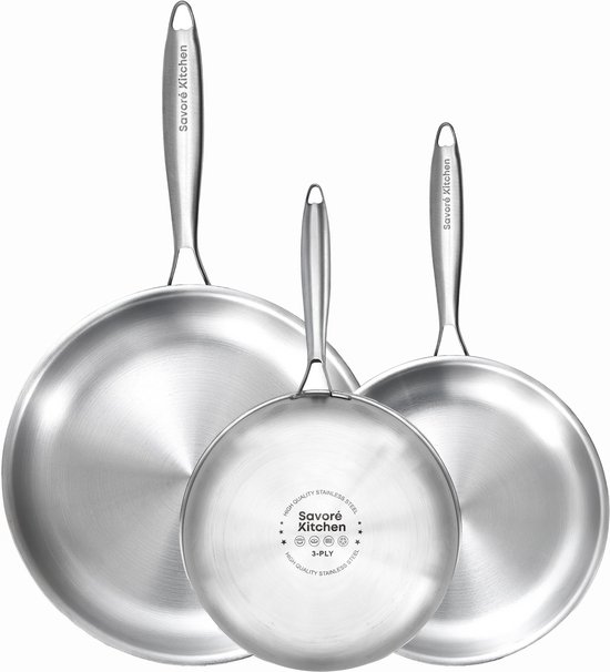Savoré Kitchen 3-delige RVS Koekenpan Pannenset - Ø 20, 24, 28 cm Pannen - Inductie - Pan - Koekenpannen - Pannensets - Koekenpannenset