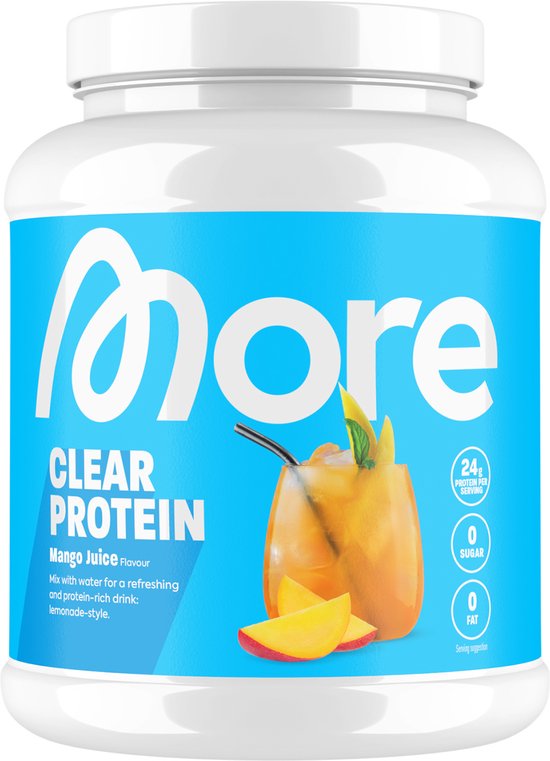 More Clear Protein Mango Juice flavour pot met afbeelding van een glas met mango drank en partjes mango.