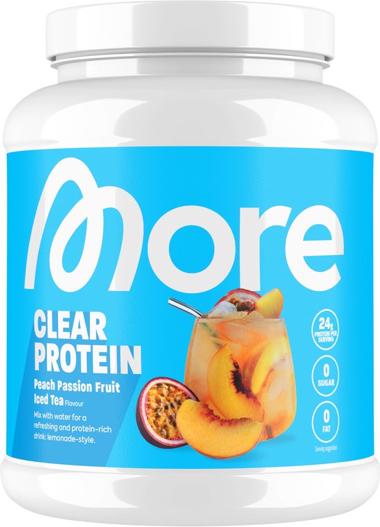 Pot MORE CLEAR PROTEIN Perzik Passievrucht IJsthee smaak. Met glas ijsthee, perzik en passievrucht. 24g eiwit per portie.