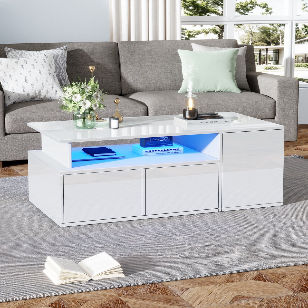 SINGULARITY Salontafel - 100 x 50 x 35 cm - met LED-verlichting - 2 lades -Wit