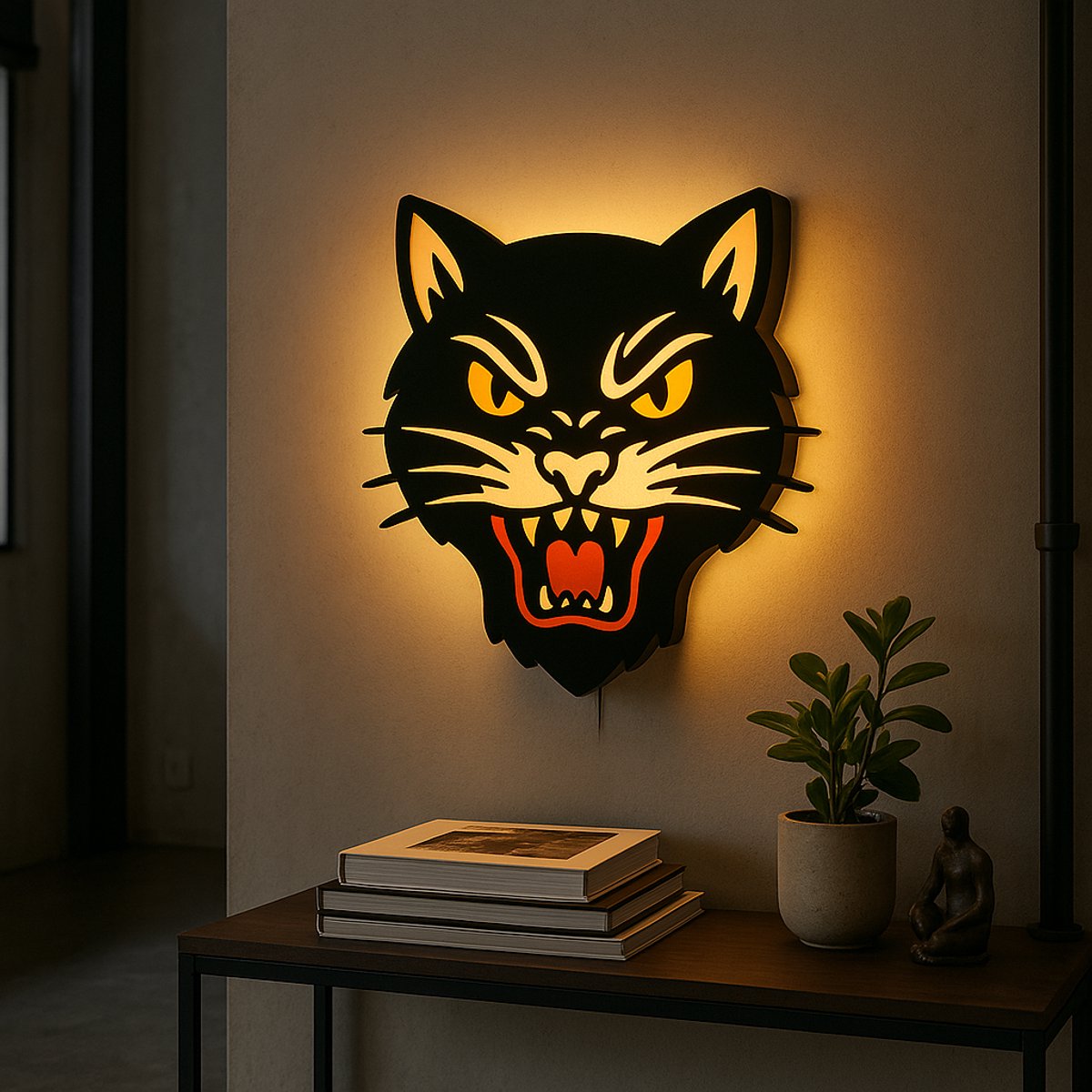 Tattoo Lightbox Zwarte Kat – LED Wandlamp – Old School Tattoo Decor – Uniek Cadeau voor Ta