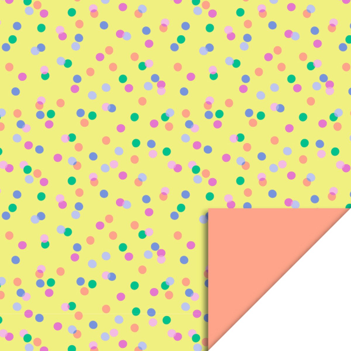 Dubbelzijdig cadeaupapier geel met confetti- Achterzijde zalmroze- 30 cm x 3 meter- Inpakken- Rol Inpakpapier voor kinderen en volwassenen- FSC