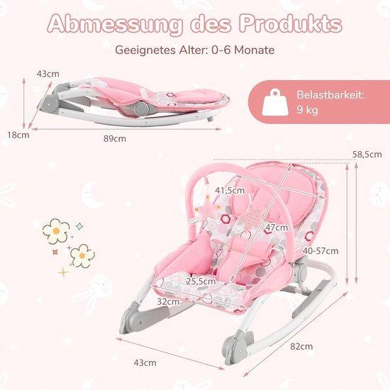 COSTWAY 2-in-1 babywip, inklapbaar, draagbare babyschommel met 3-traps verstelbare rugleuning en afneembare speelboog, babywip met veiligheidsgordel, babywieg tot 9 kg belastbaar (roze) — afbeelding 2