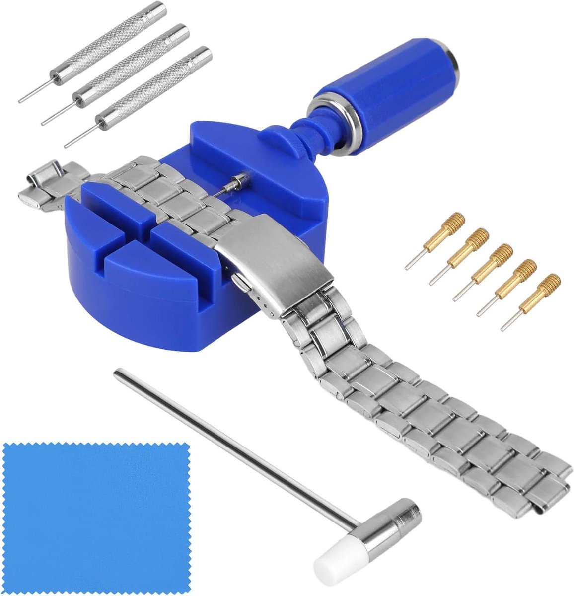 Allecto Plus - Horlogereparatieset met 11 stuks gereedschap voor horloges - hamers, veerpennen - blauw klassiek - reparatieset horloges.