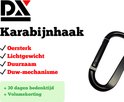 Zwarte D-vormige karabijnhaak met DX logo en tekst: Sterk, lichtgewicht, duurzaam.