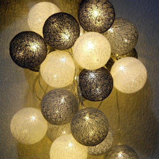 Lichtsnoer Binnen - 20 LED Katoenen Ballen Lichtsnoer met stekker - 8 modi - Cotton Ball Lights met afstandsbediening en timer - Lichtslinger voor Kinderkamer, Kerstmis, Bruiloft, Feest (Grijs)