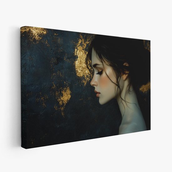 FineArtia - Mysterieuze vrouw in goud - Canvas Schilderij - 60 x 40 cm - Woonkamer Decoratie - Blauw;Bruin - Slaapkamer Schilderij - Wanddecoratie