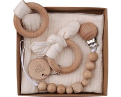 Baby Cadeau – Kraamcadeau Unisex – 3-delige Geschenkset met Bijtring, Speenkoord & Knuffeldoekje – Babyshower / Gender Reveal - Beige