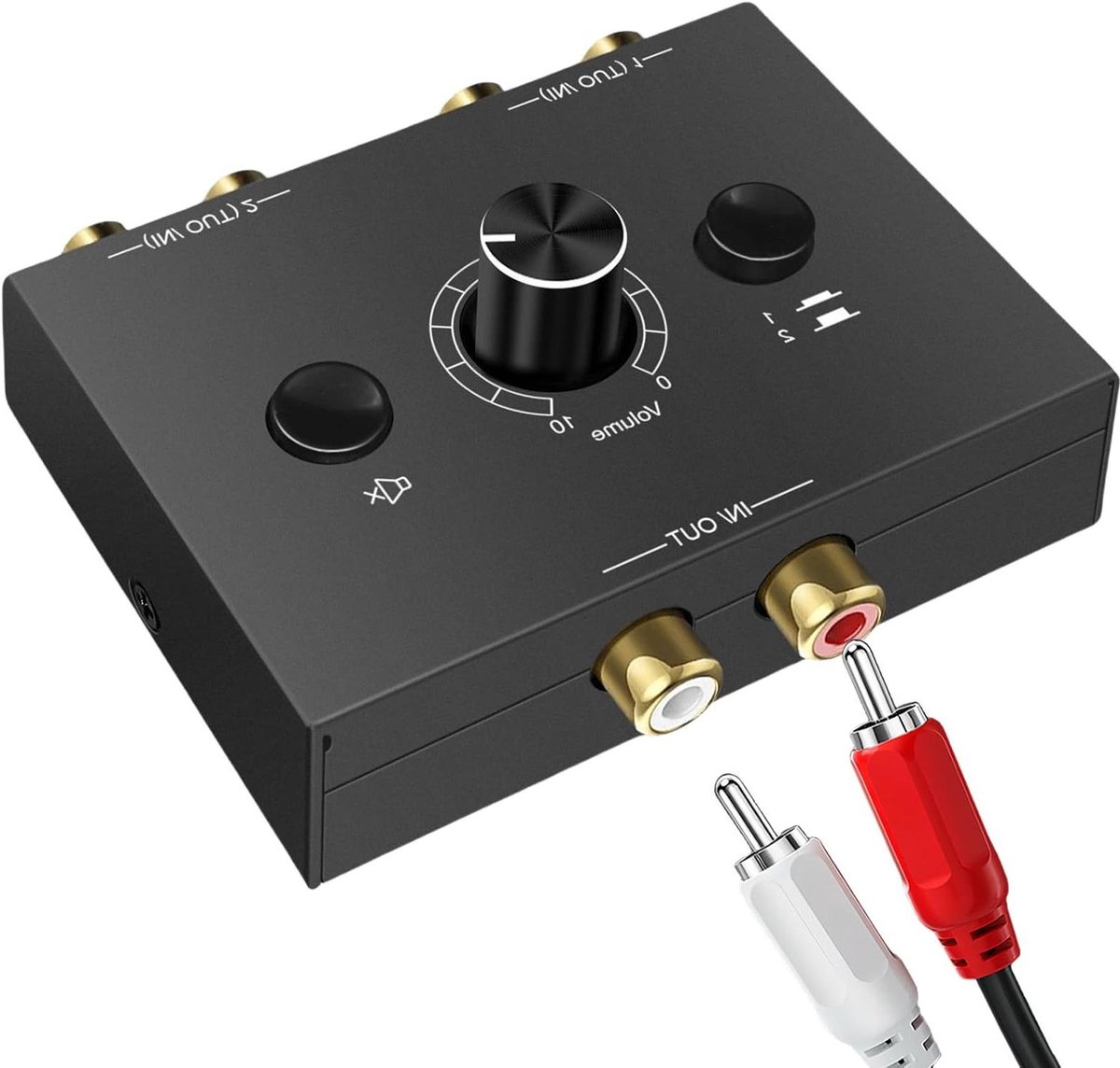 Allecto Plus - Cinch stereo audio switch met volume control en bidirectionele aux sound selector - 2-IN-1-OUT - voor CD speler en computer luidsprekers