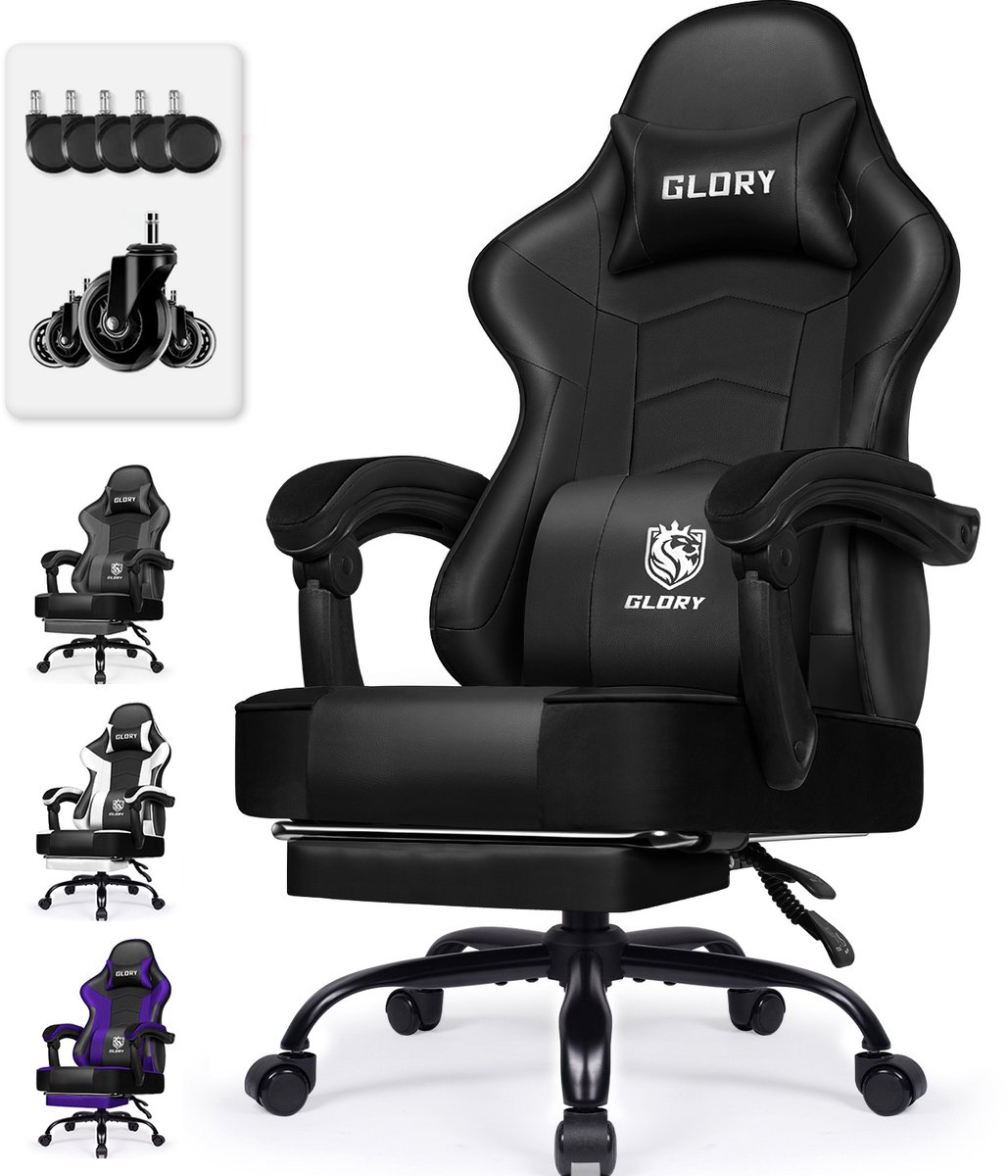 Hiaonyx Gaming Stoel - 170° Verstelbare Rugleuning - Inklapbare Voetsteun - Met stille wielen - Zwart