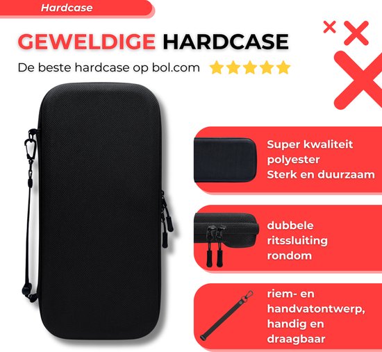 Zwarte, waterdichte hardcase van polyester voor Switch 2, met dubbele rits en handvat.