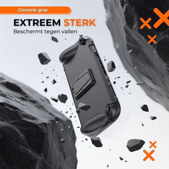 Zwarte console grip voor Switch 2, vallend tussen rotsen, toont extreme sterkte.